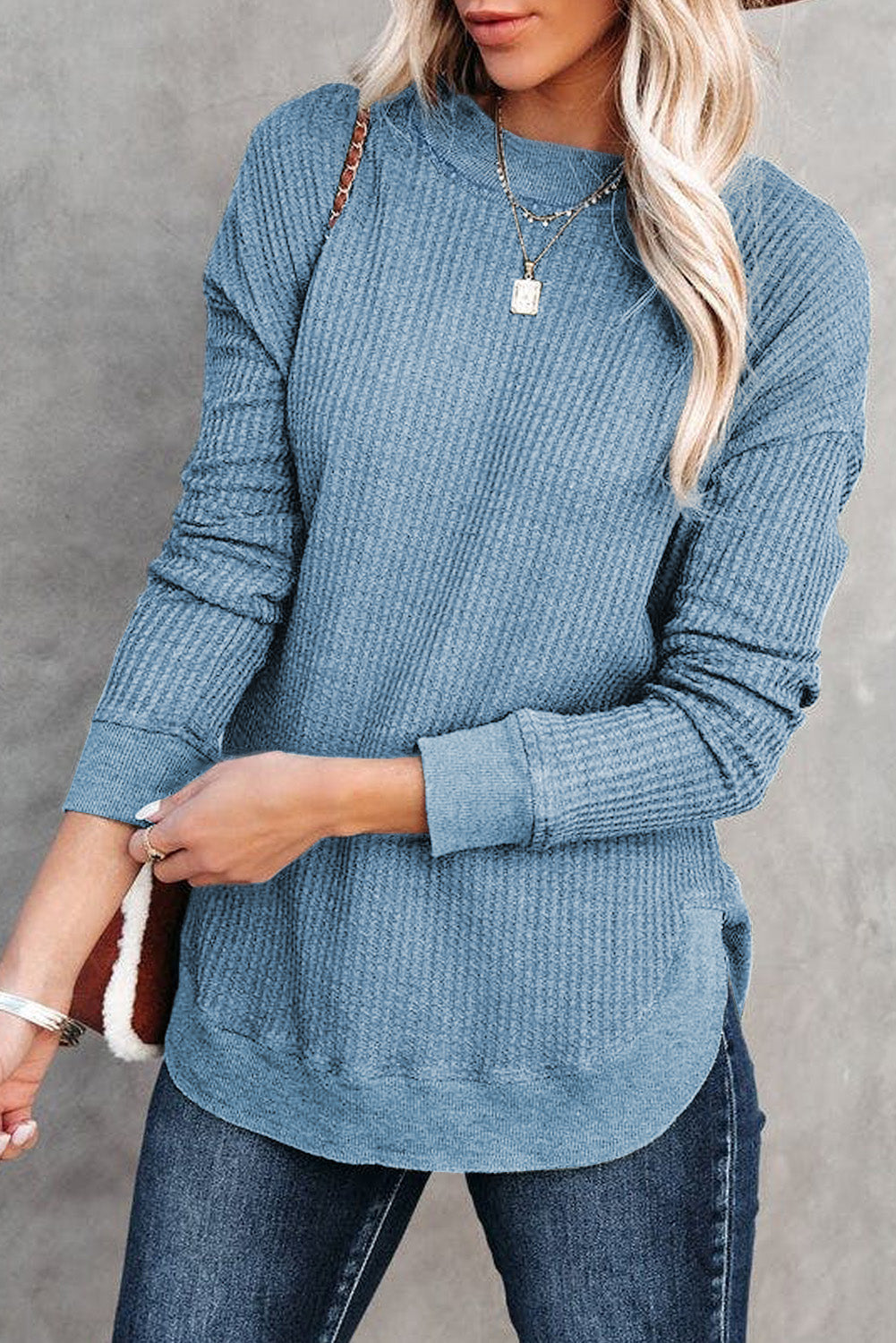 Women's Crew Neck Ribbed Trim Waffle Knit Top