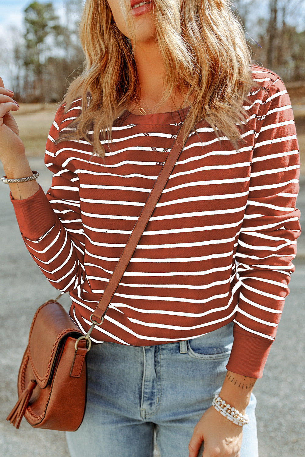 Women's Striped Print Ribbed Trim Long Sleeve Top