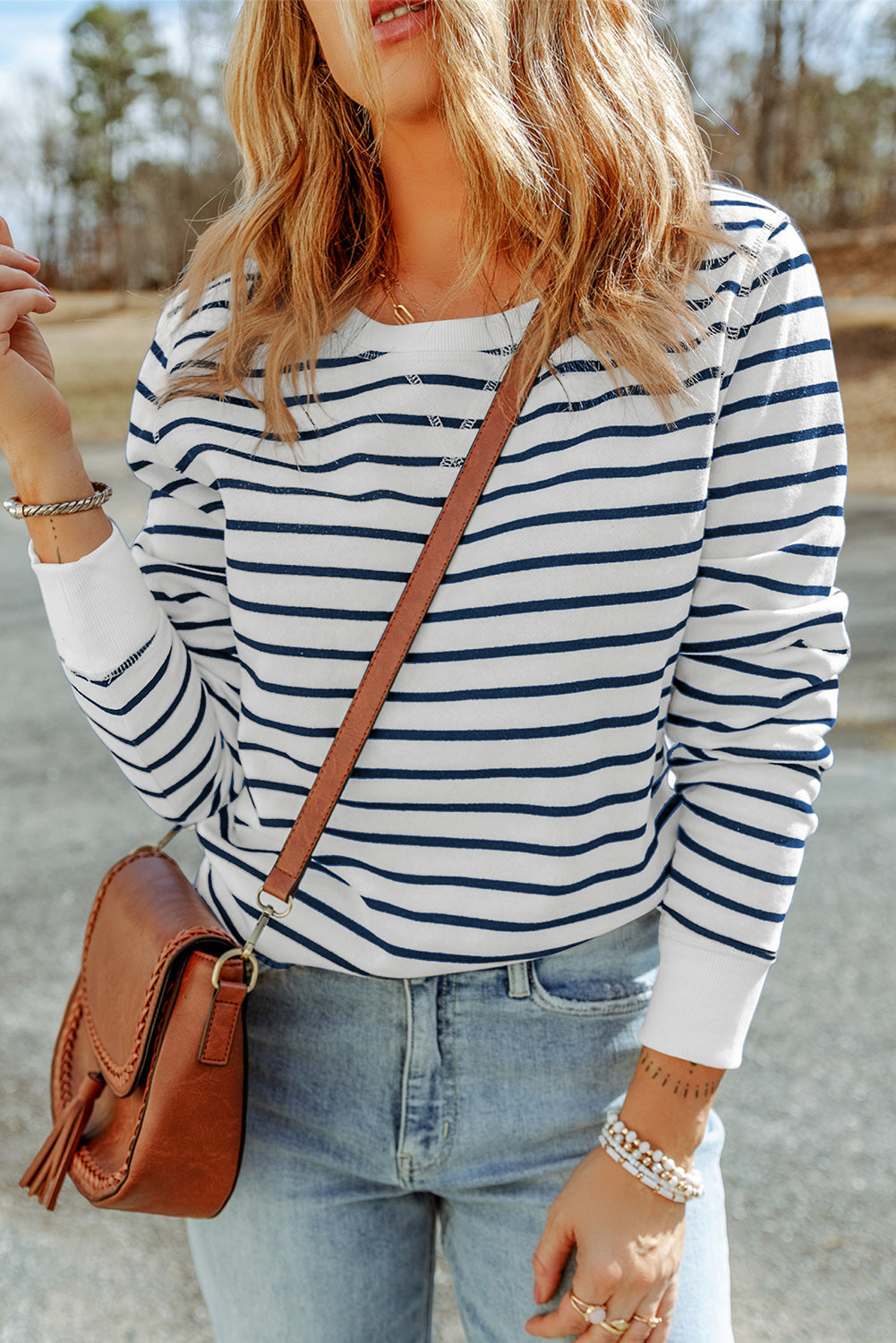 Women's Striped Print Ribbed Trim Long Sleeve Top