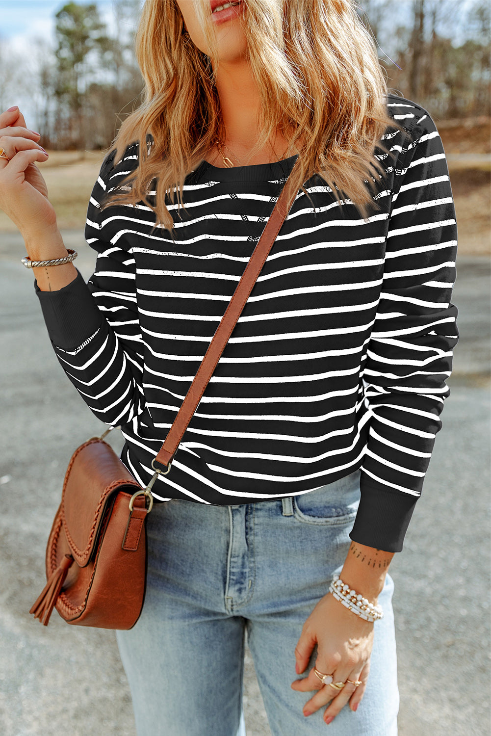 Women's Striped Print Ribbed Trim Long Sleeve Top