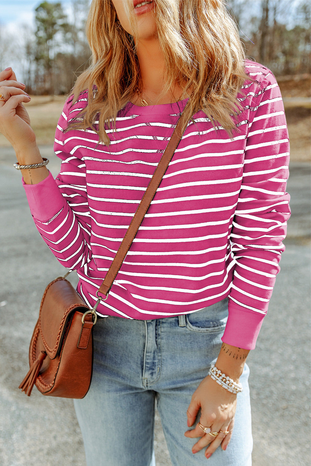 Women's Striped Print Ribbed Trim Long Sleeve Top