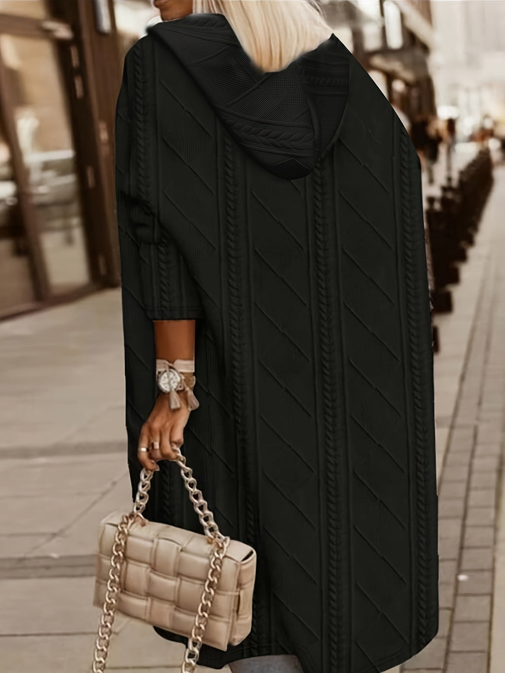 Solid Fashion Textured Open Front Hoodie Stylish ThighLength Coat
