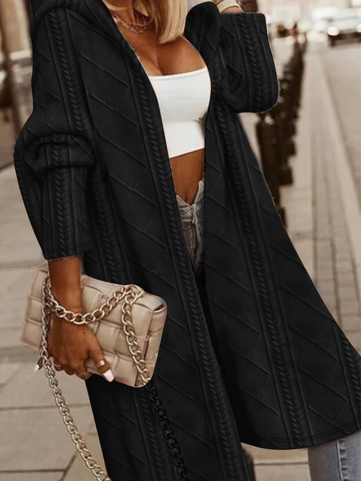 Solid Fashion Textured Open Front Hoodie Stylish ThighLength Coat