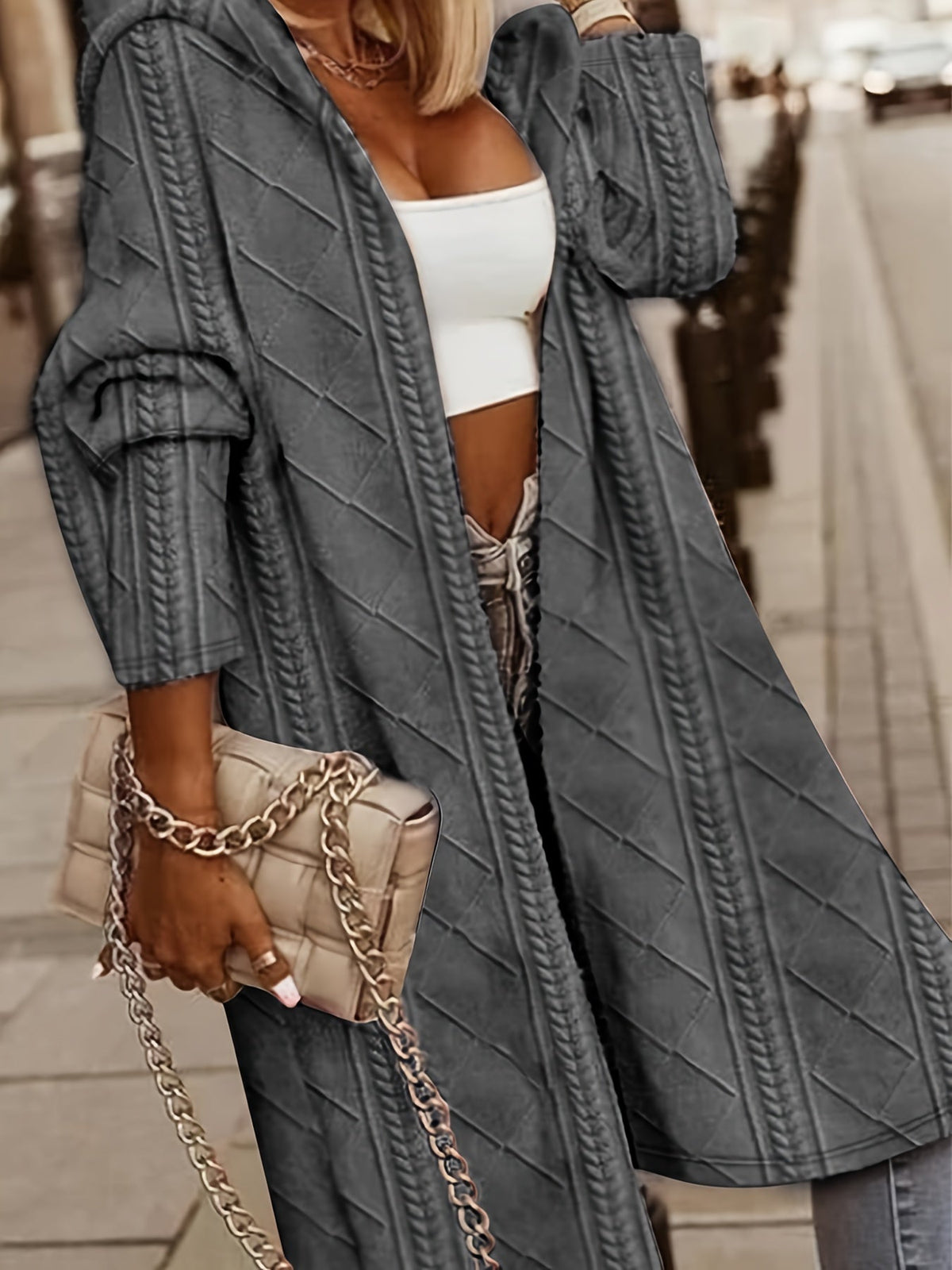 Solid Fashion Textured Open Front Hoodie Stylish ThighLength Coat