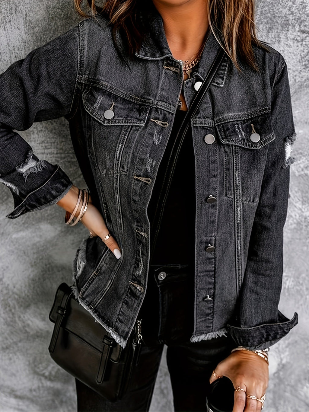 Vintage Ripped Raw Hem Flap Pockets Long Sleeve Denim Jacket