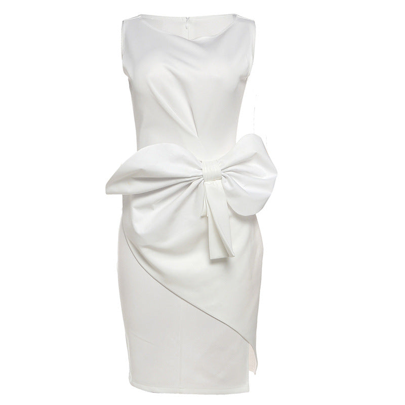 Fashion Bowknot Dress Solid Color Elegant Slim Sleeveless Dresses Women's Casual Office Party Clothing