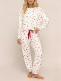 Heart-print Lace-up Pajama Set With Long Sleeves And Long Pants For Loungewear