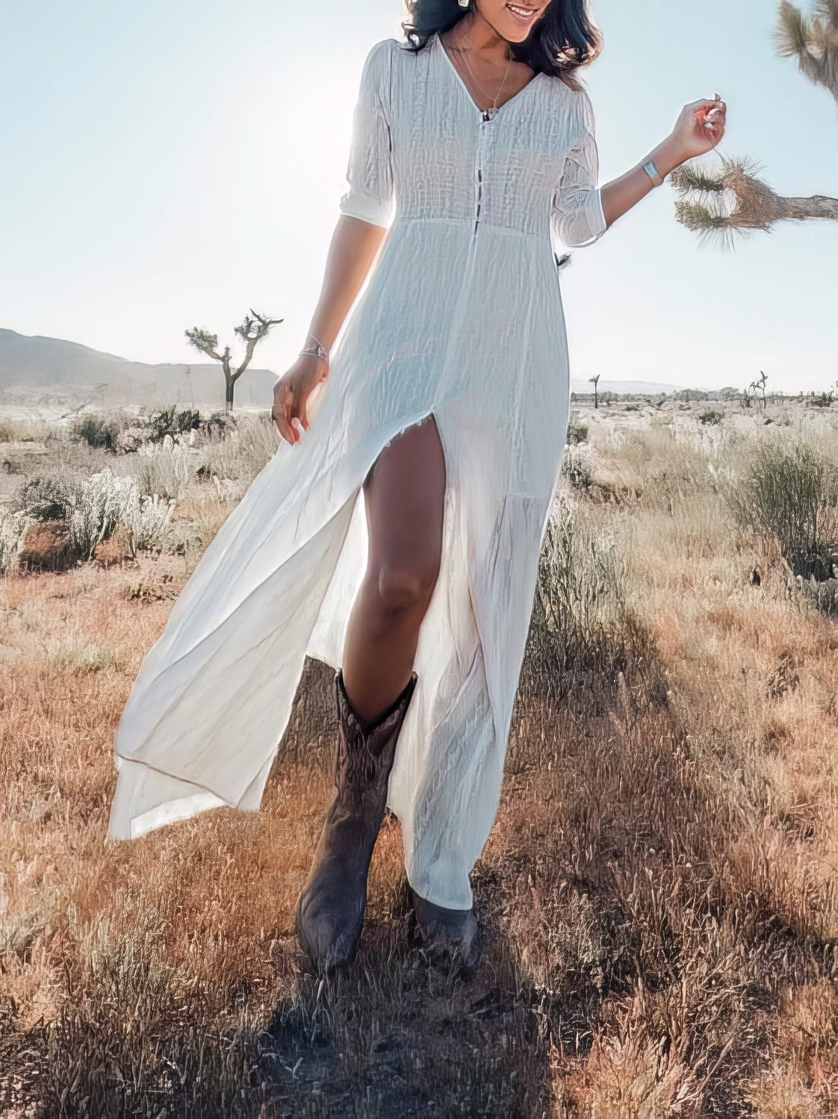 V-neck Mid-sleeve Buttoned Beach Dress
